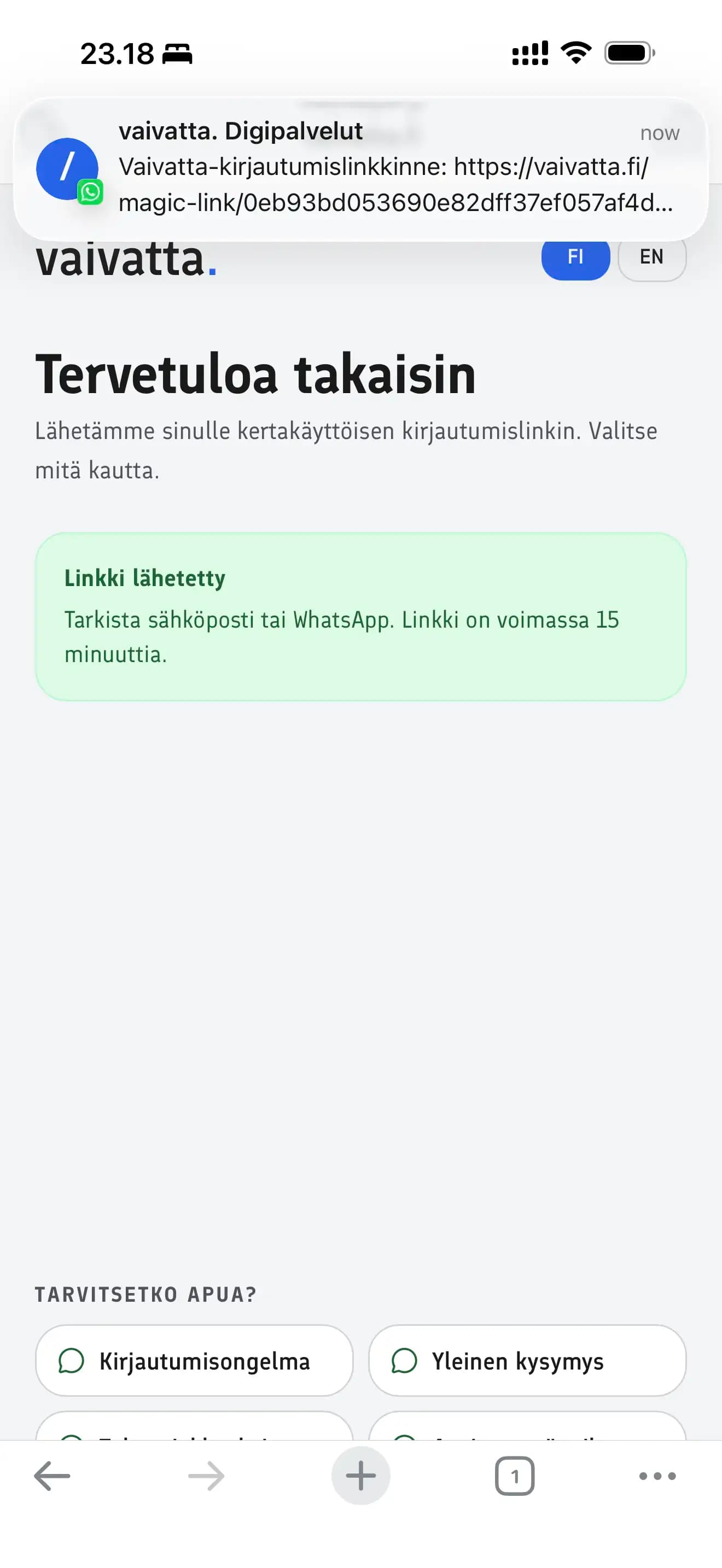 Kuvakaappaus WhatsApp-kirjautumislinkistä iPhonen lukitusnäytöllä