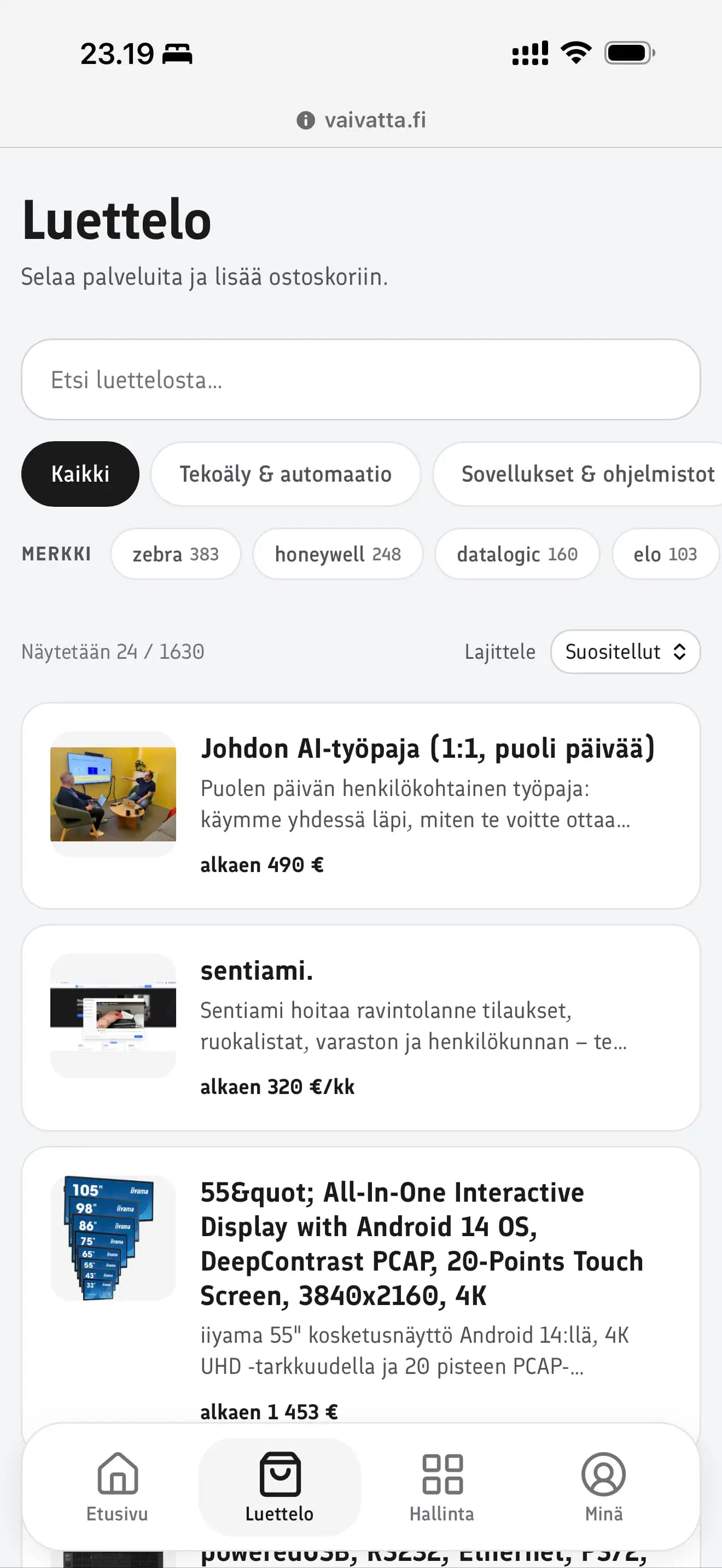 Kuvakaappaus vaivatta.-luettelosta, jossa näkyy kassoja, näyttöjä ja palveluita