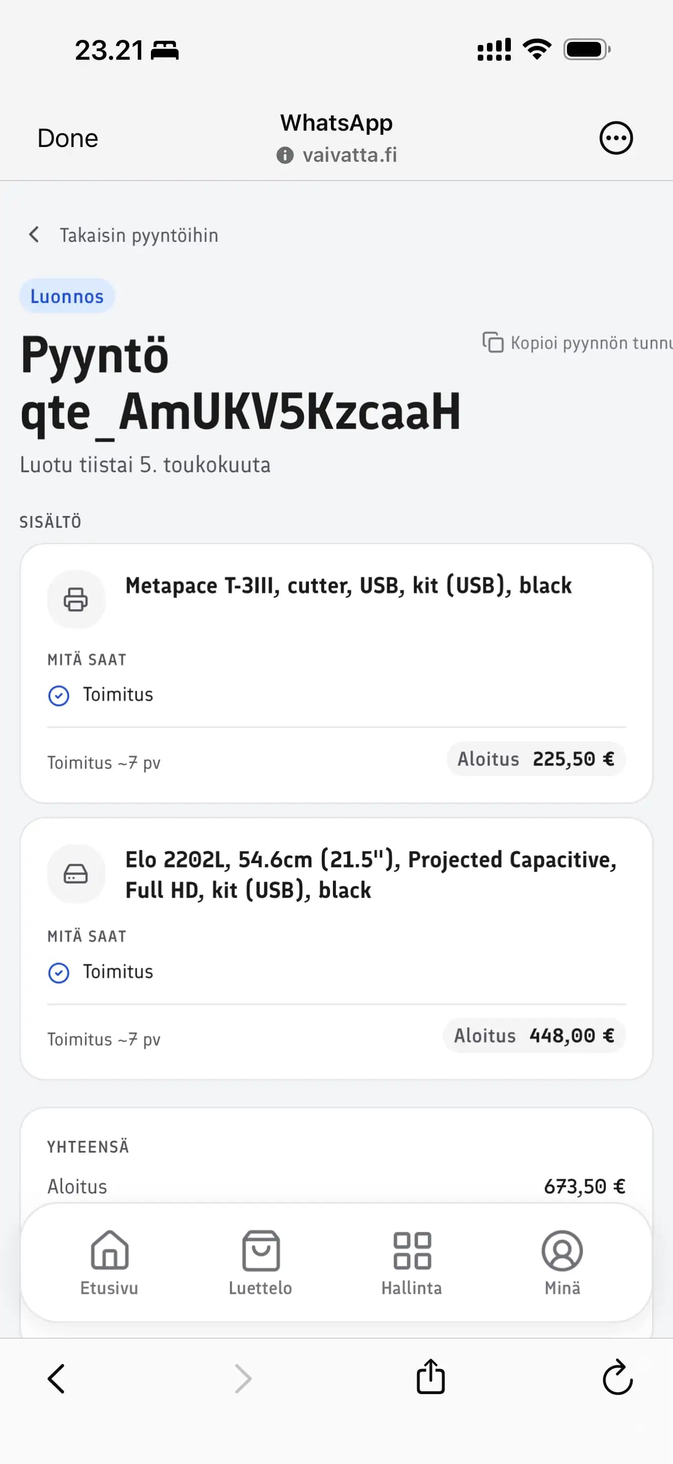 Kuvakaappaus pyynnön yksityiskohtanäkymästä