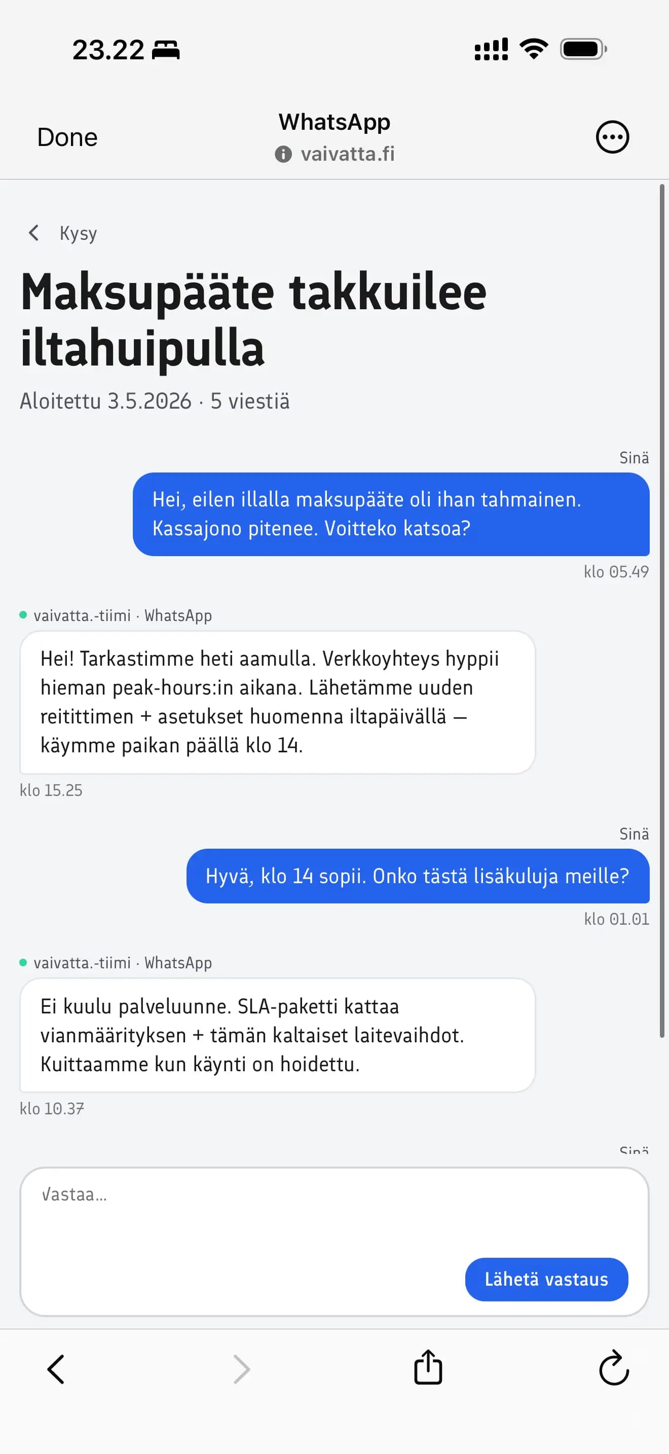 Kuvakaappaus WhatsApp-keskustelusta vaivatta.-tiimin kanssa