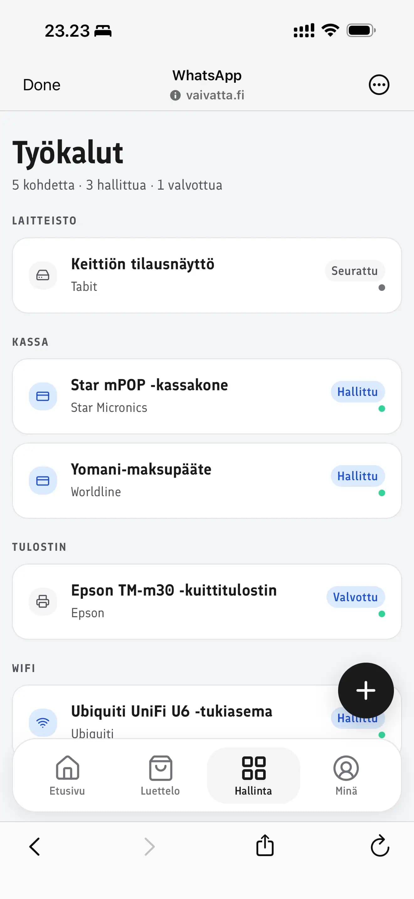 Kuvakaappaus Työkalut-näkymästä, jossa näkyy laitteet kategorioittain