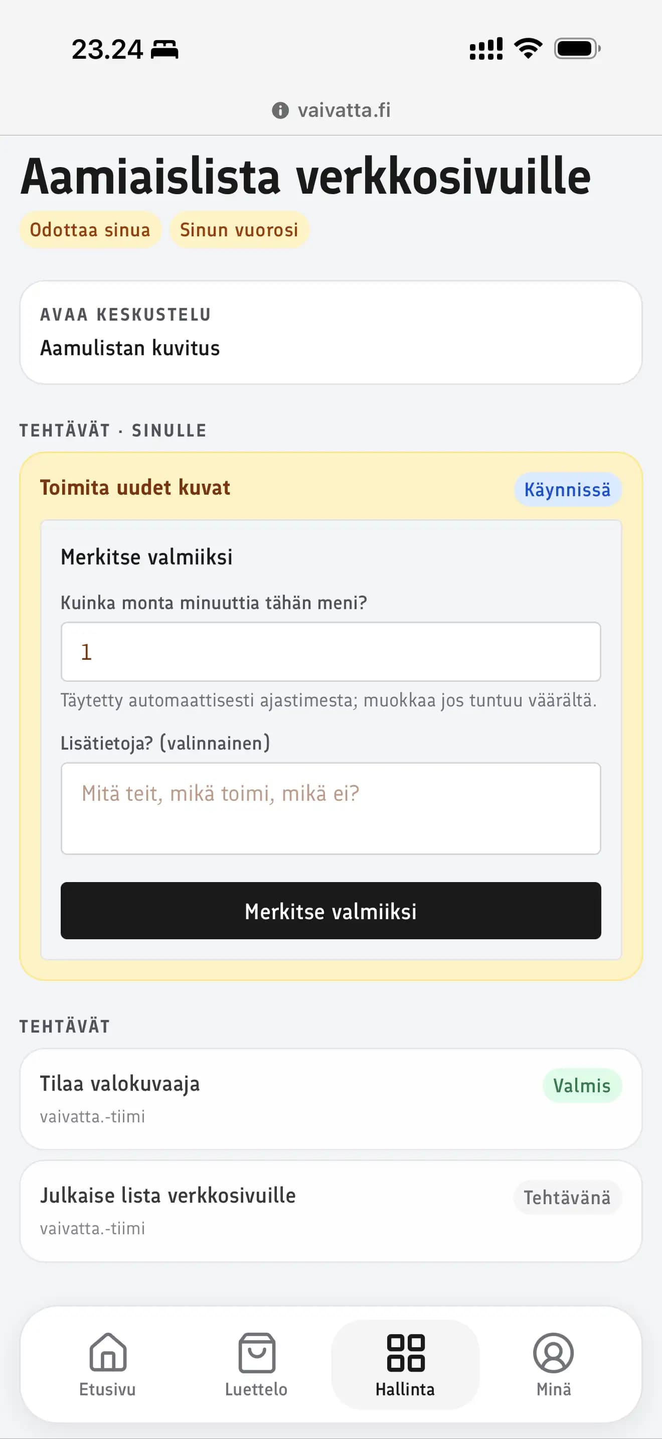 Kuvakaappaus projektin yksityiskohtanäkymästä, jossa on tehtävälista