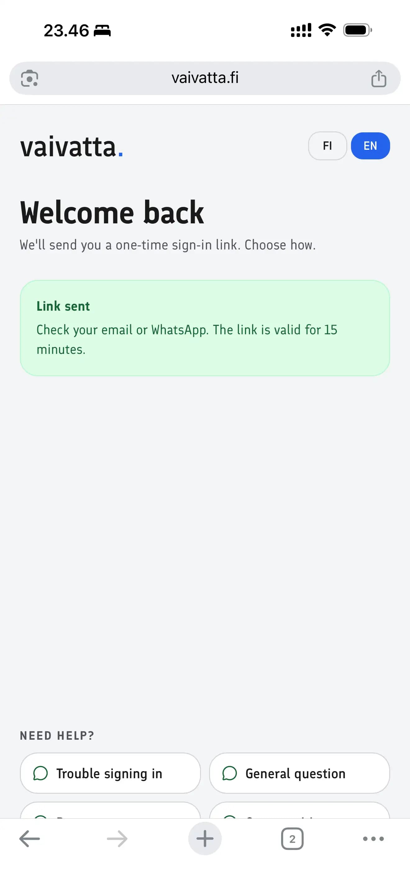 Screenshot of the sign-in page showing a 'Link sent' confirmation