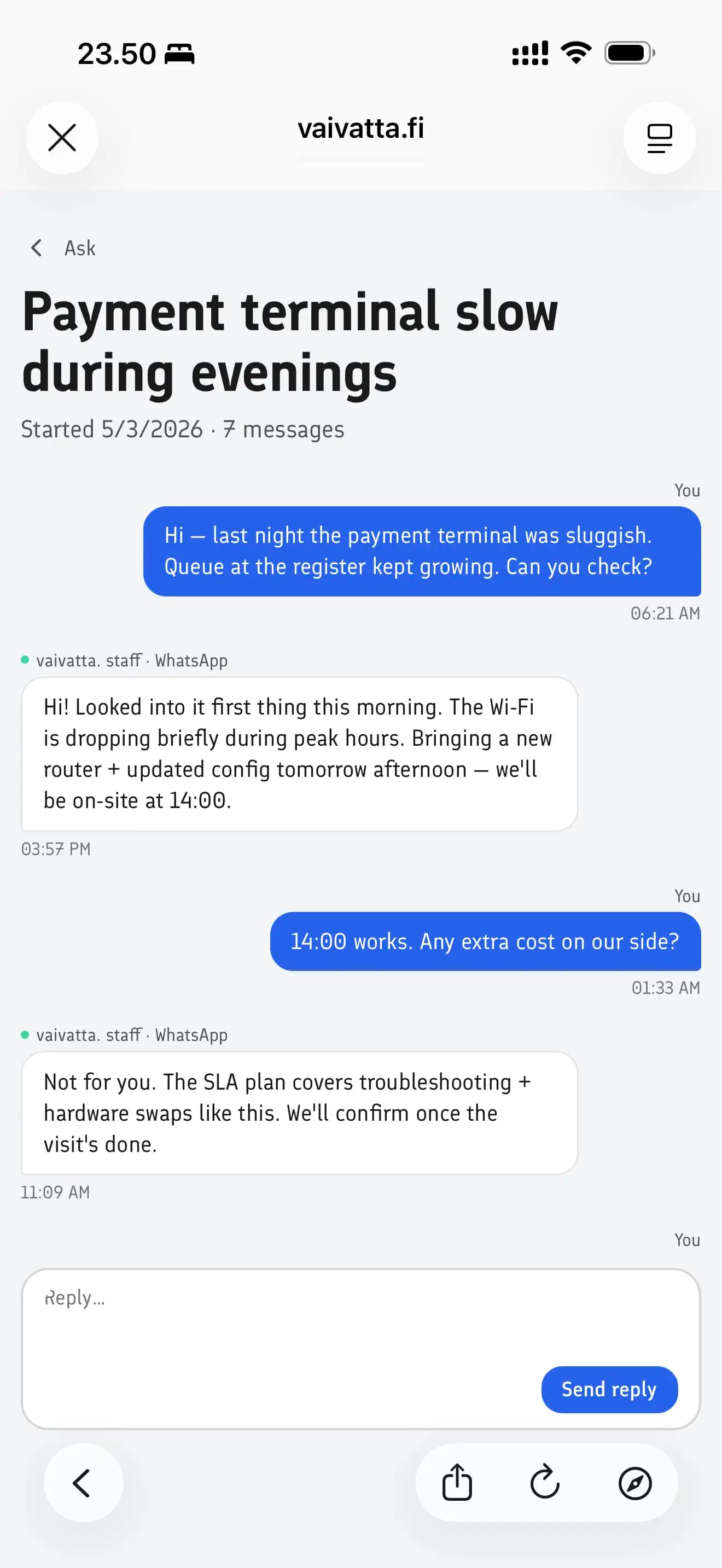 Screenshot of an in-app conversation thread with the vaivatta. team