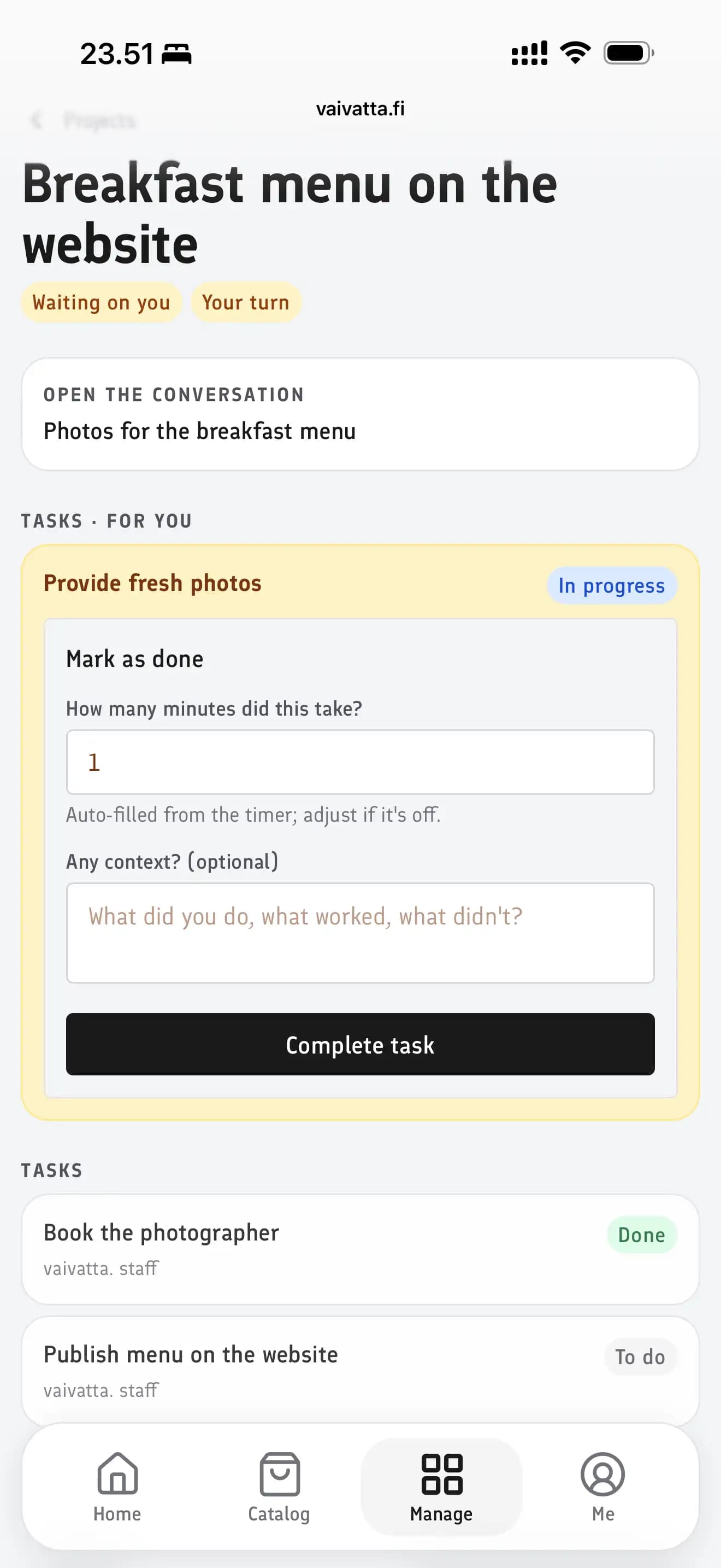 Screenshot of a project detail page with tasks and a completion form