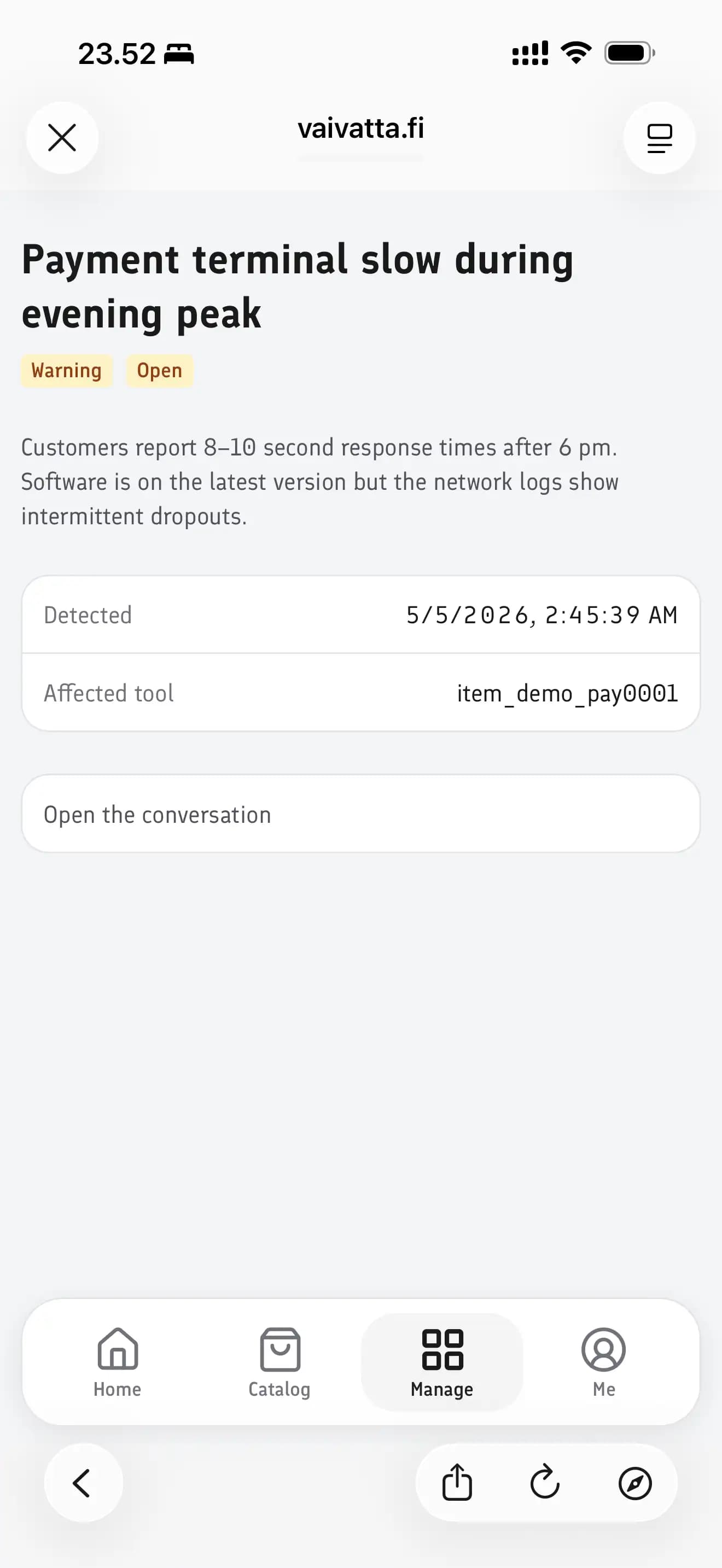 Screenshot of an incident detail page showing detection time and affected tool