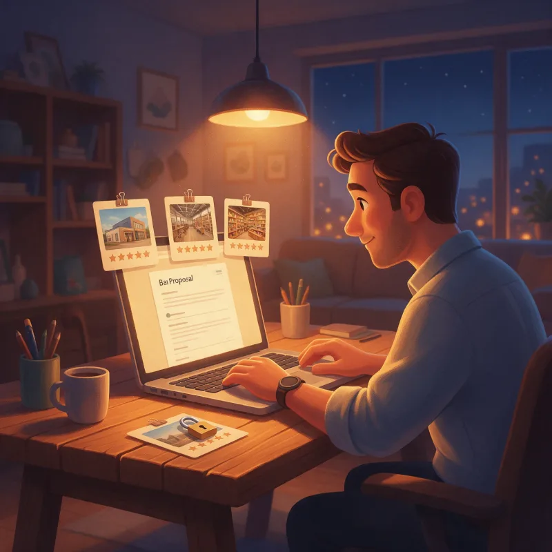 Sales person adding three references to a proposal, with a confidential reference locked on the desk