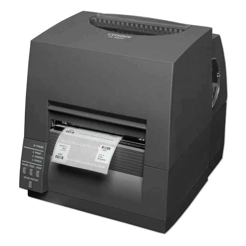 Citizen CL-S631II label printer, black, with a printed label