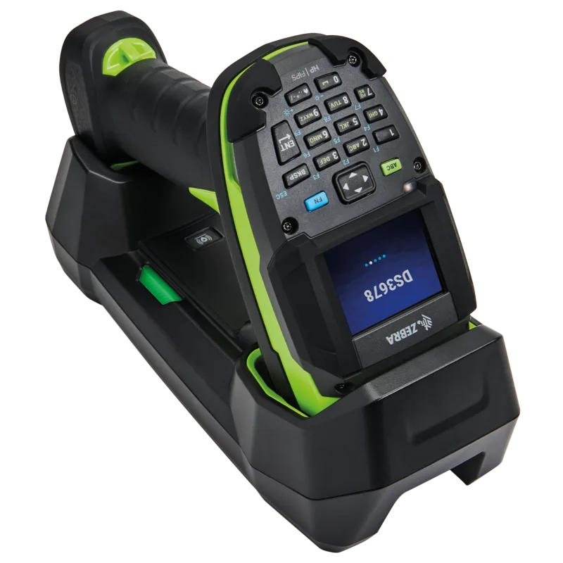 Zebra DS3678 barcode scanner from the side, black and green