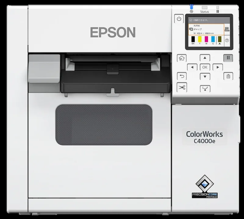 Epson ColorWorks CW-C4000e colour label printer, front view, white and grey body