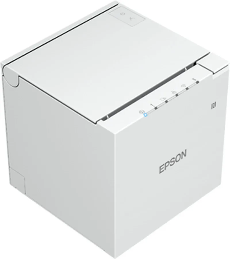 Epson TM-m30III white receipt printer, angled top view