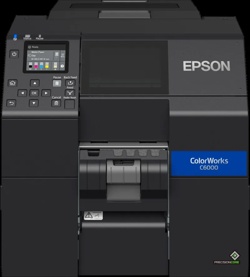 Epson ColorWorks CW-C6000Pe colour label printer, front view, label peeler model