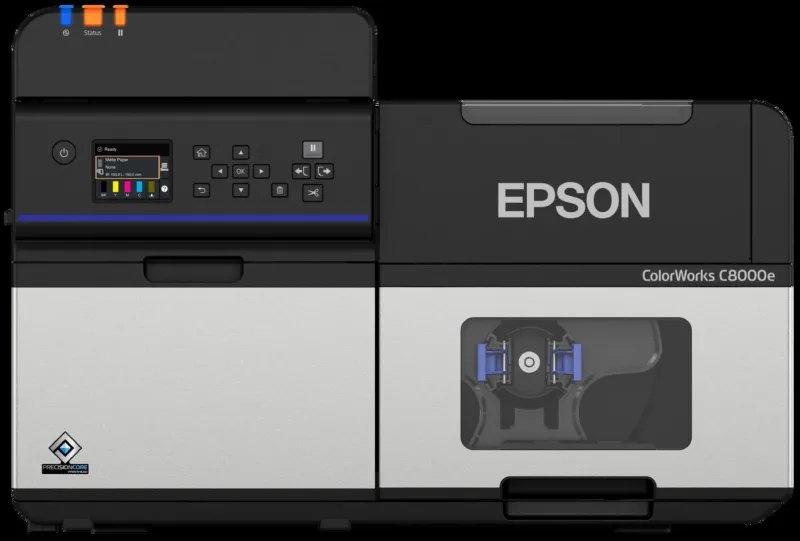 Epson ColorWorks CW-C8000e colour label printer, front view, black and grey body