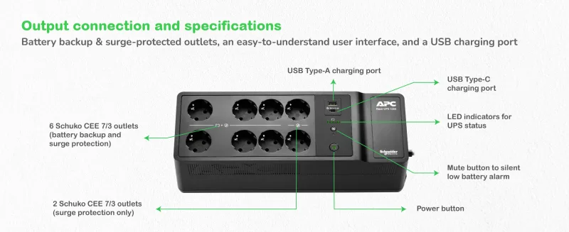 APC Back-UPS BE1050G2-GR -UPS, 1050 VA / 600 W, 8 × Schuko, USB-A/C, kuva 5