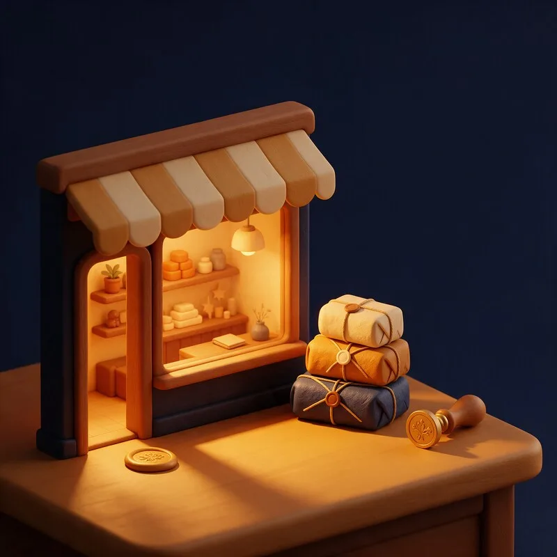A small shopfront with a warm glowing window, parcels and a seal stamp on a wooden desk in evening light