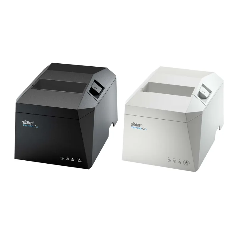 Star TSP100IV receipt printers in white and dark, diagonal view